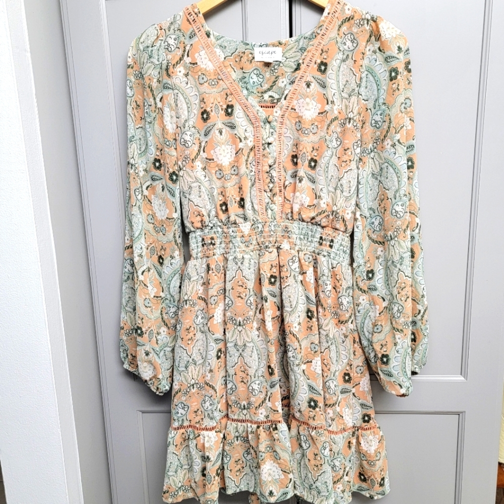 Escape Floral Pink Tan Long Sleeve Mini Small Fall Dress Elastic waistli…